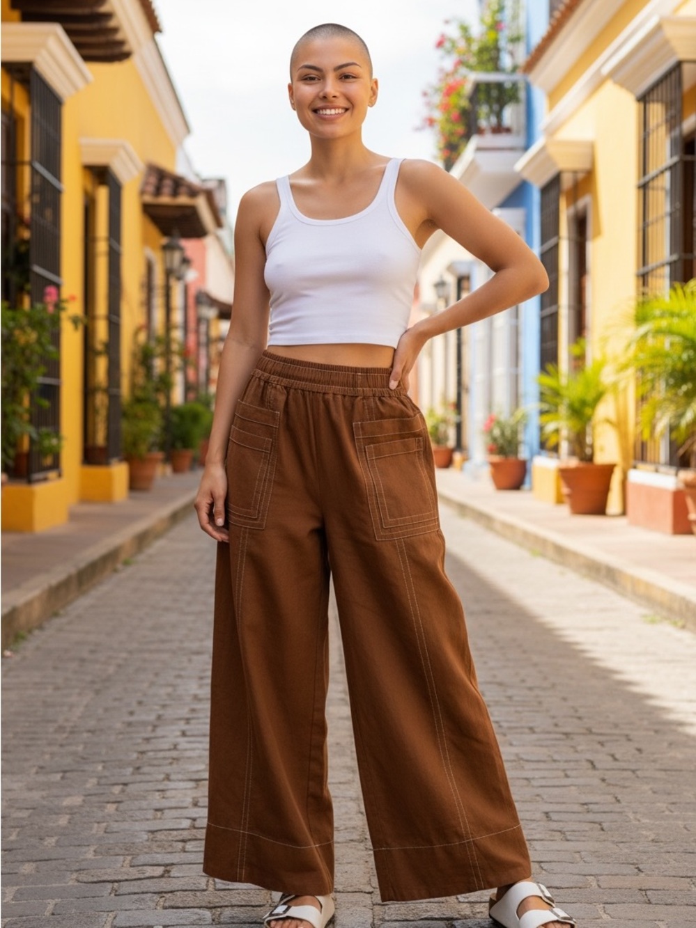 High-Rise Wide-Leg Utility Pants in Brown